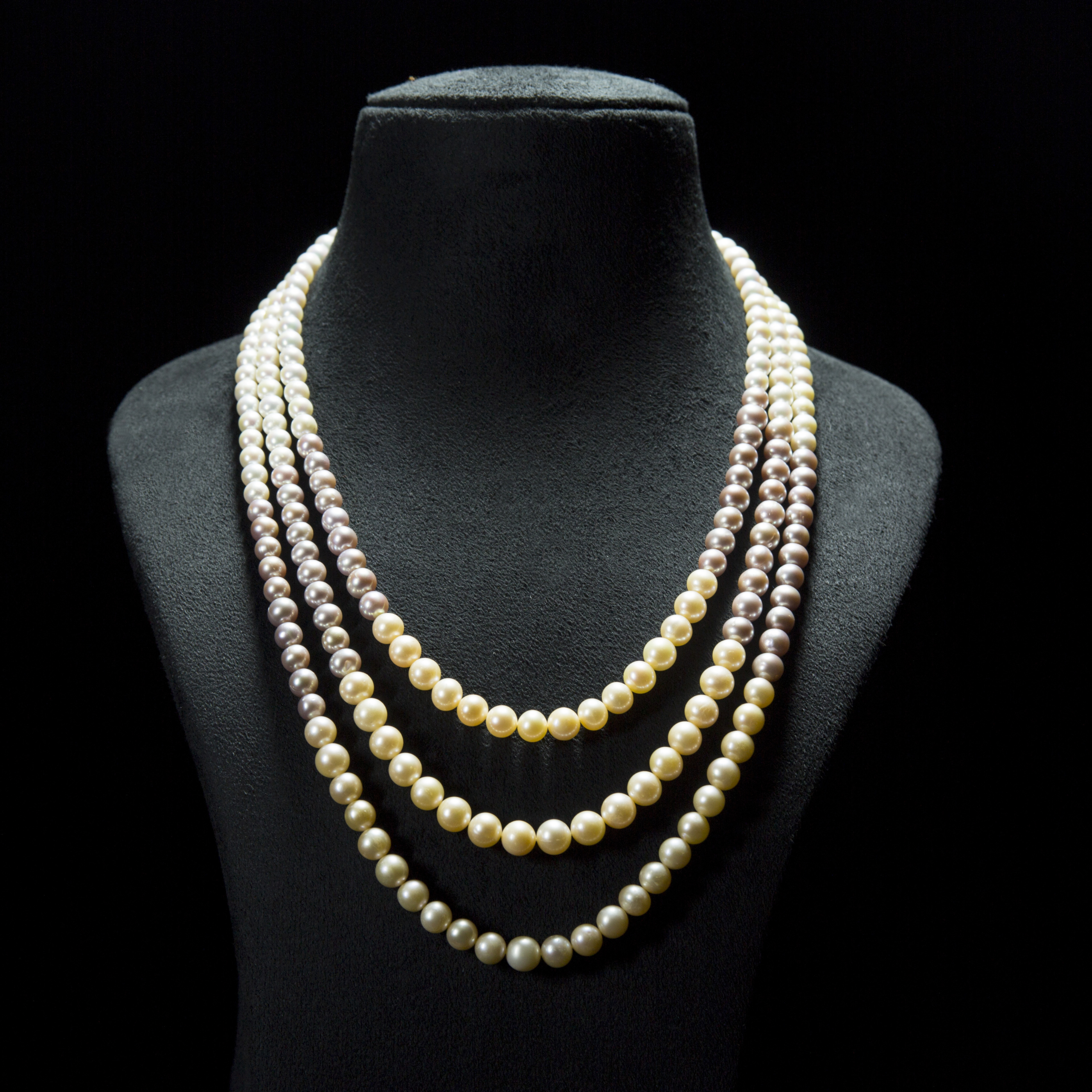 Classic three layered white,purple and pink pearl necklace- with silver floral clasp