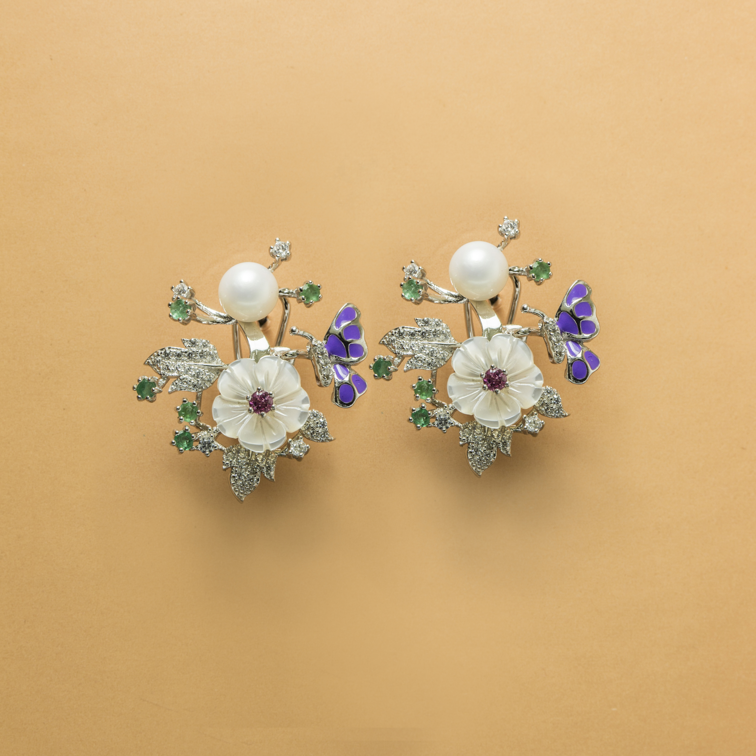 Purple Butterfly feathered Natural Gemstone & Pearl studded Mother of Pearl Fine Silver Earring