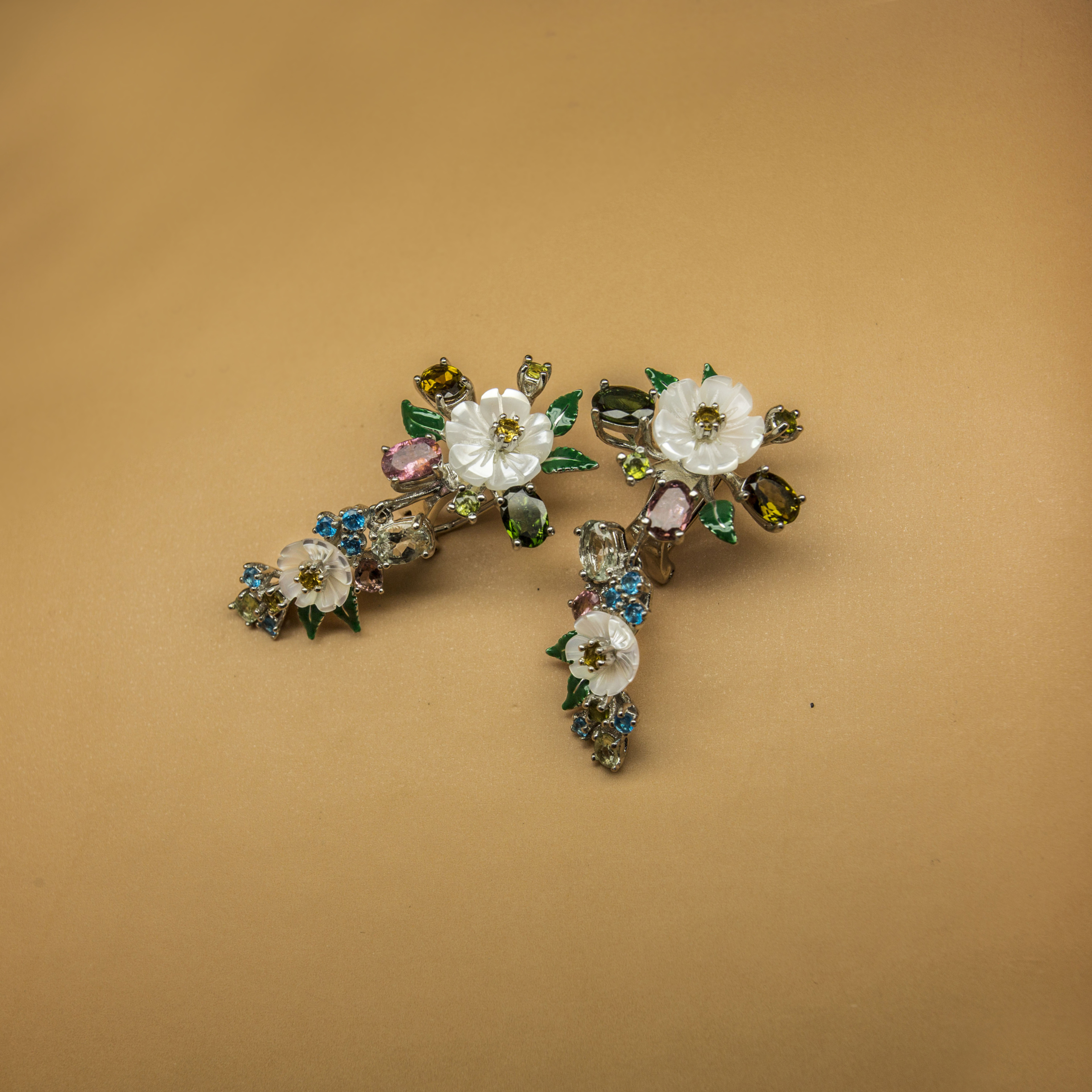Flower with leaves design Natural Gemstone studded Mother of Pearl Fine Silver Earring