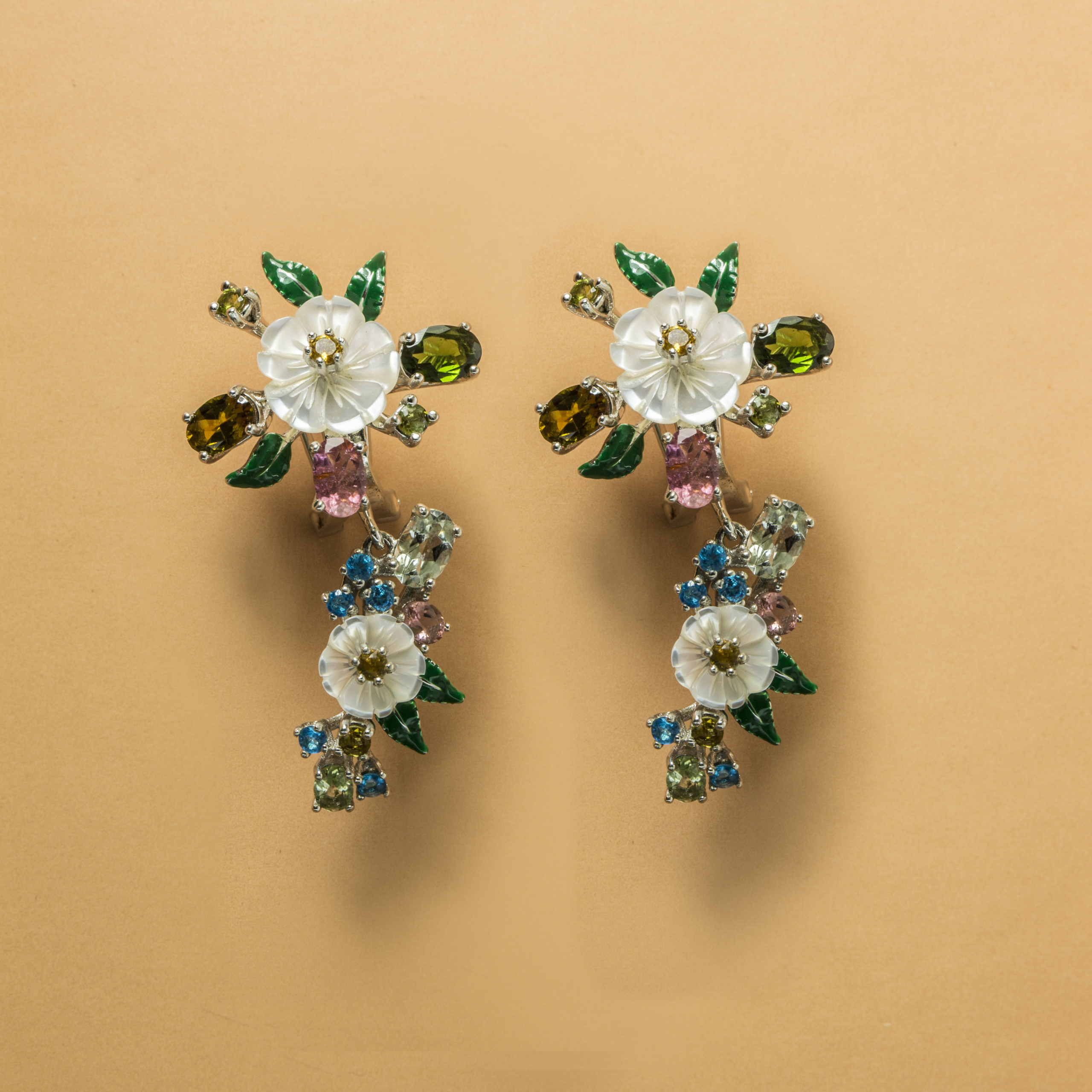 Flower with leaves design Natural Gemstone studded Mother of Pearl Fine Silver Earring