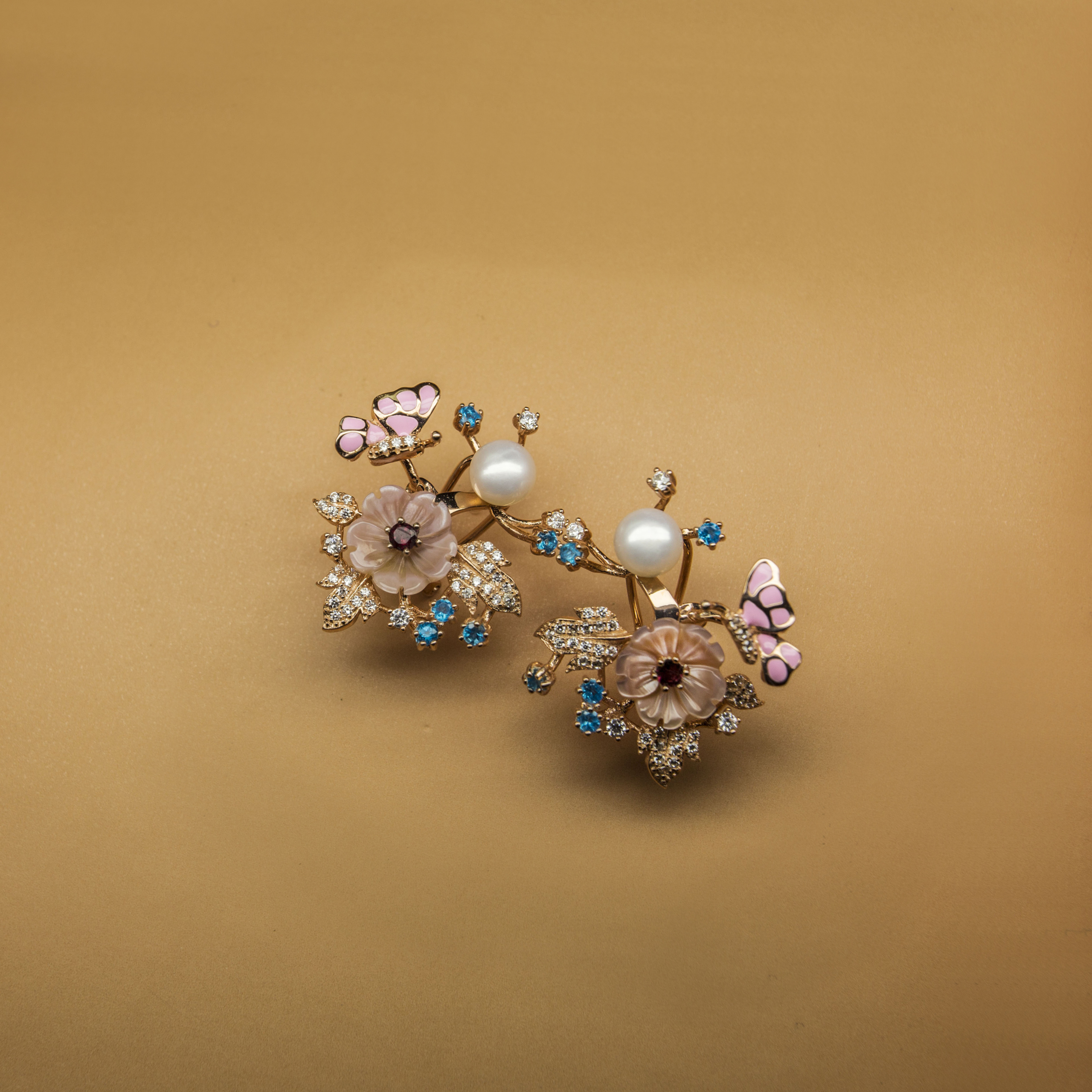Pink Butterfly feathered Natural Gemstone & Pearl studded Mother of Pearl Fine Rosegold Earring