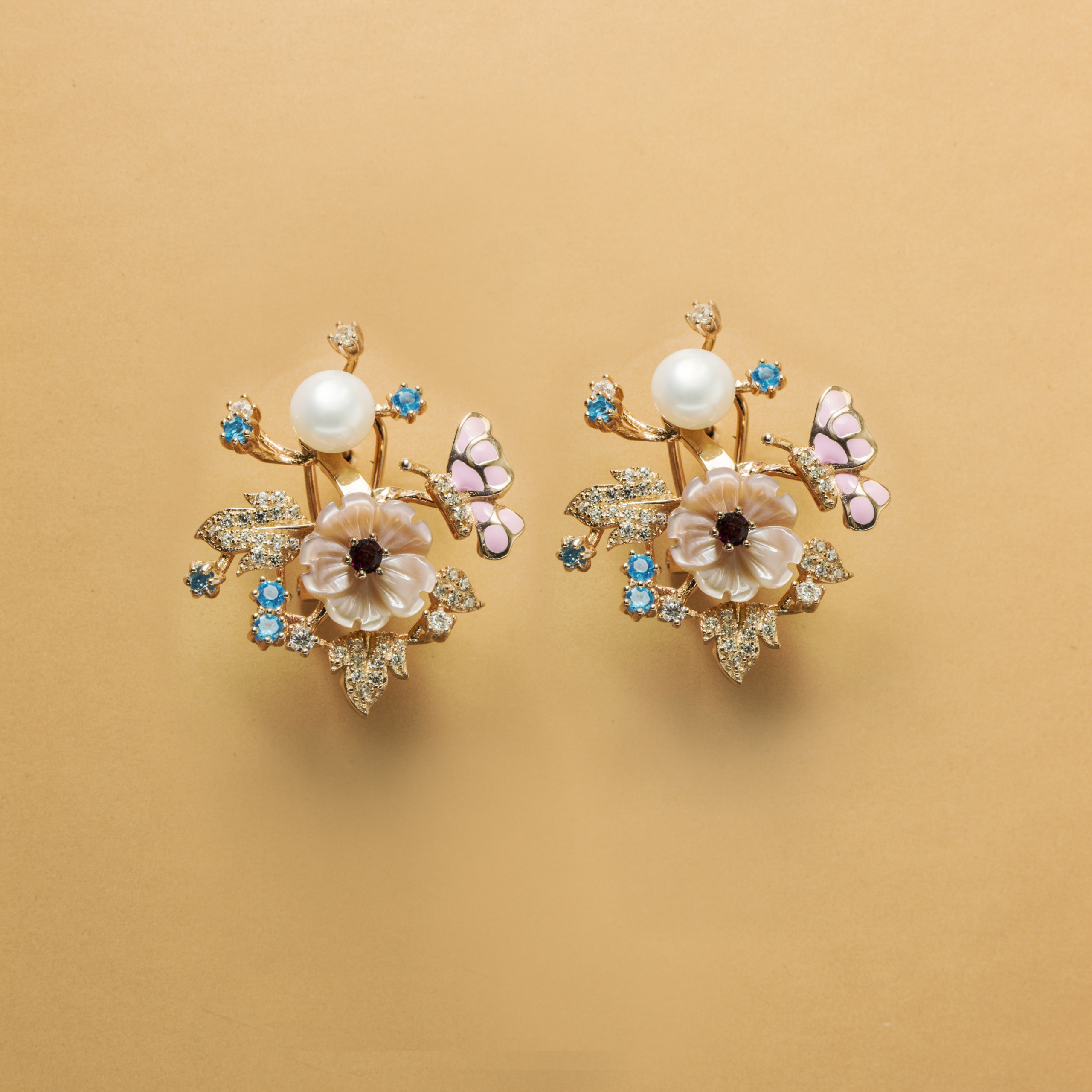 Pink Butterfly feathered Natural Gemstone & Pearl studded Mother of Pearl Fine Rosegold Earring
