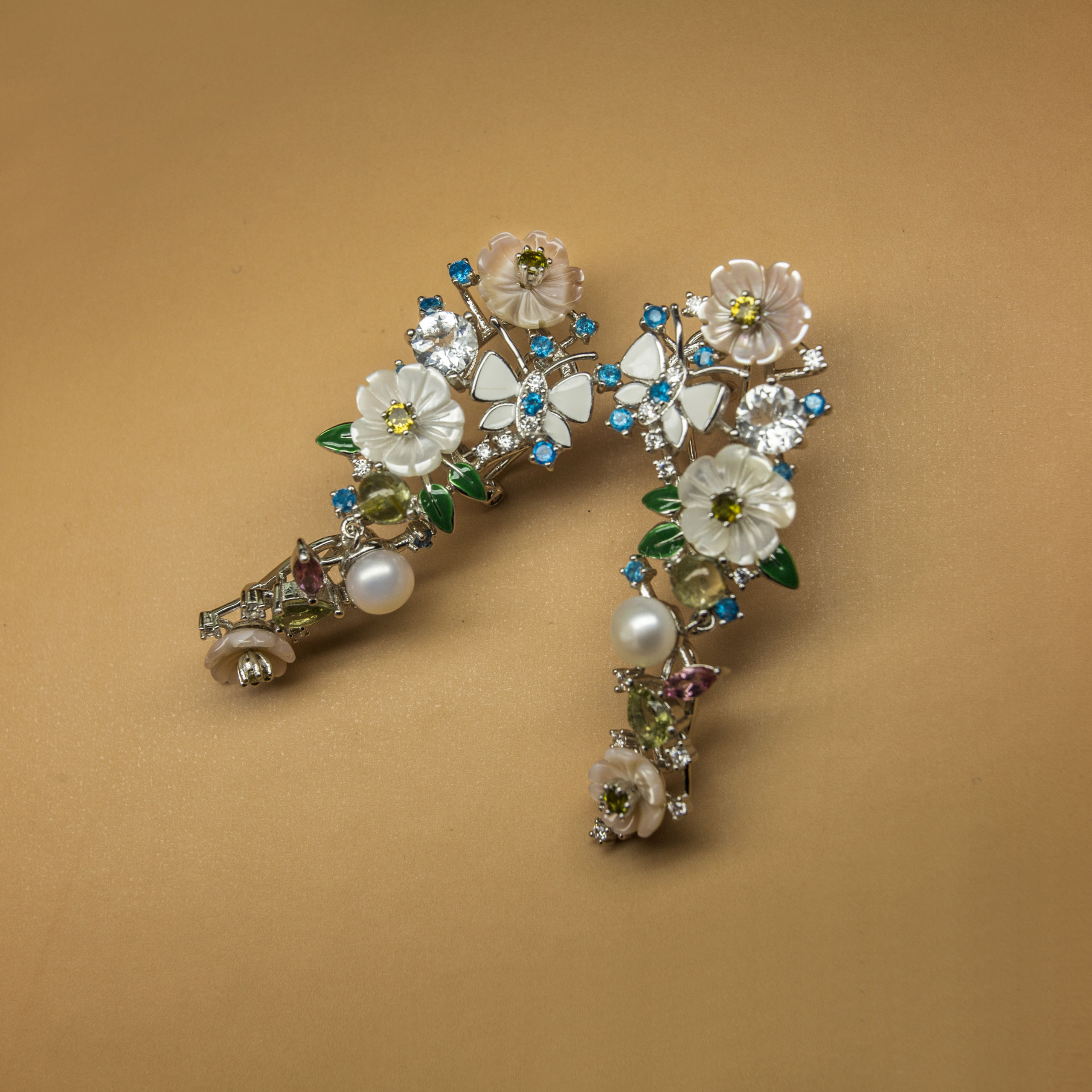 Floral Natural Gemstone studded Mother of Pearl Fine Silver  Earring