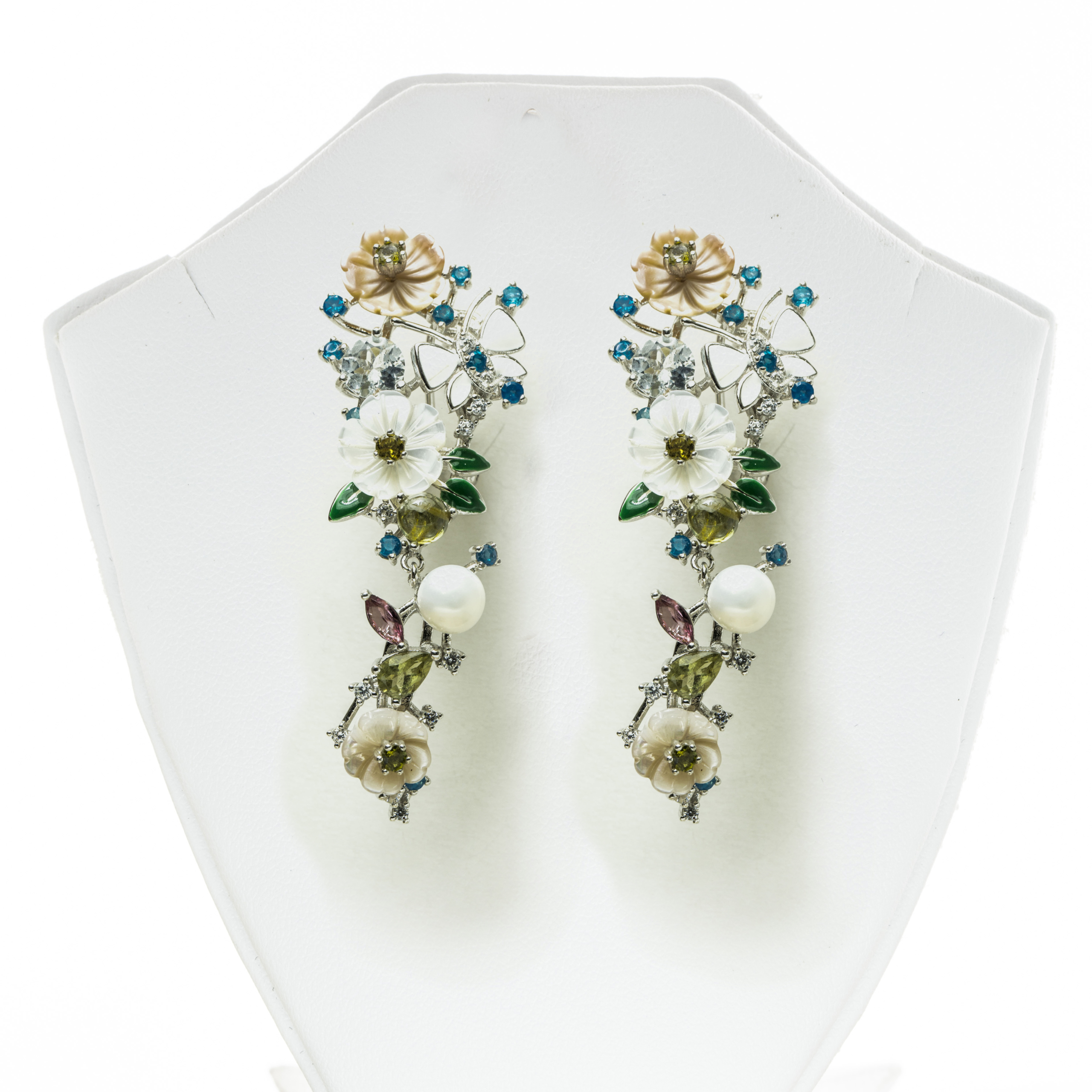 Floral Natural Gemstone studded Mother of Pearl Fine Silver  Earring