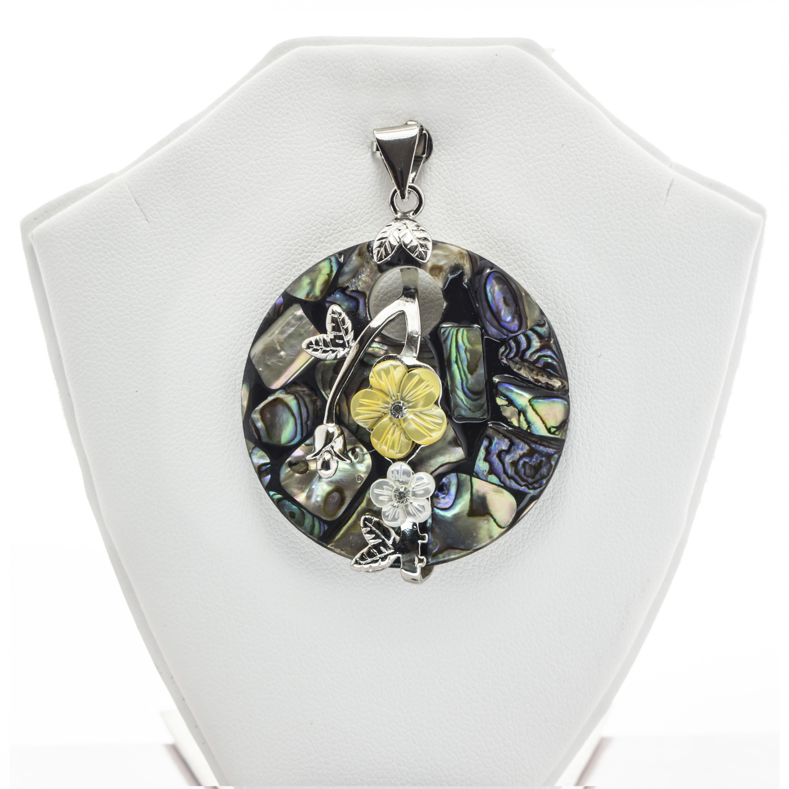 Round shaped Floral pattern Abalone Shell and Mother of Pearl Pendant