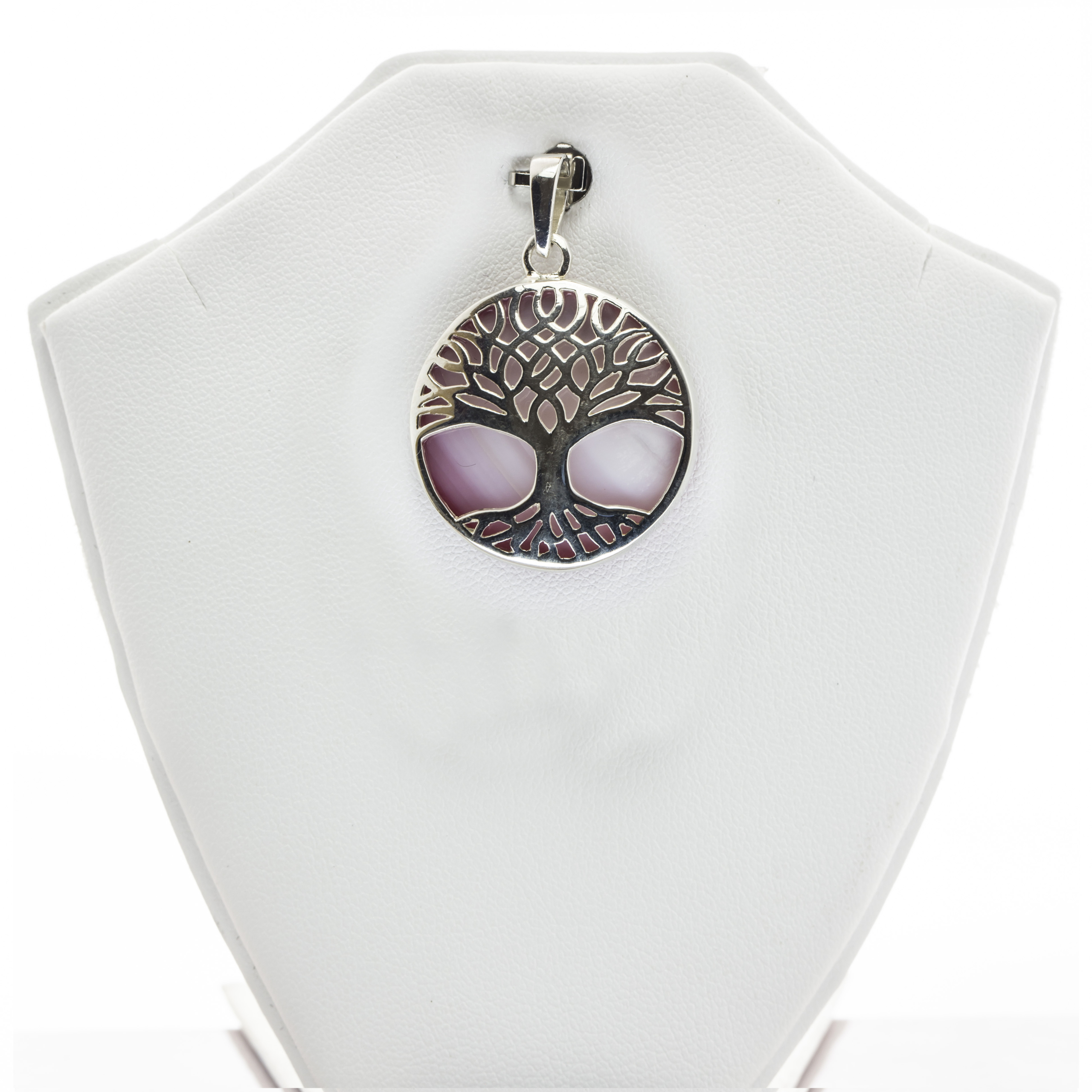 Round tree Pattern Engraved Pink Mother of Pearl Fine Silver Pendant