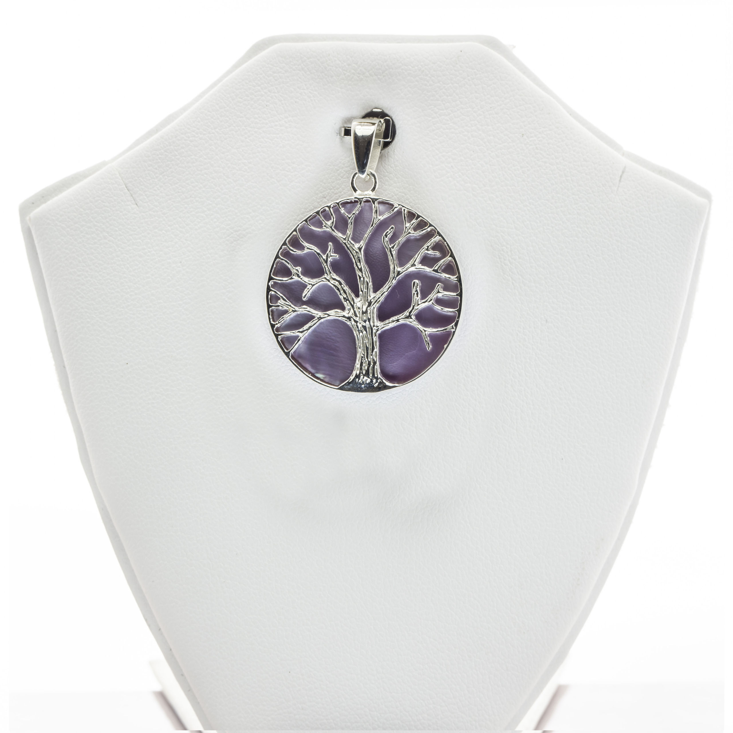 Round tree Pattern Engraved Pink Mother of Pearl Fine Silver Pendant