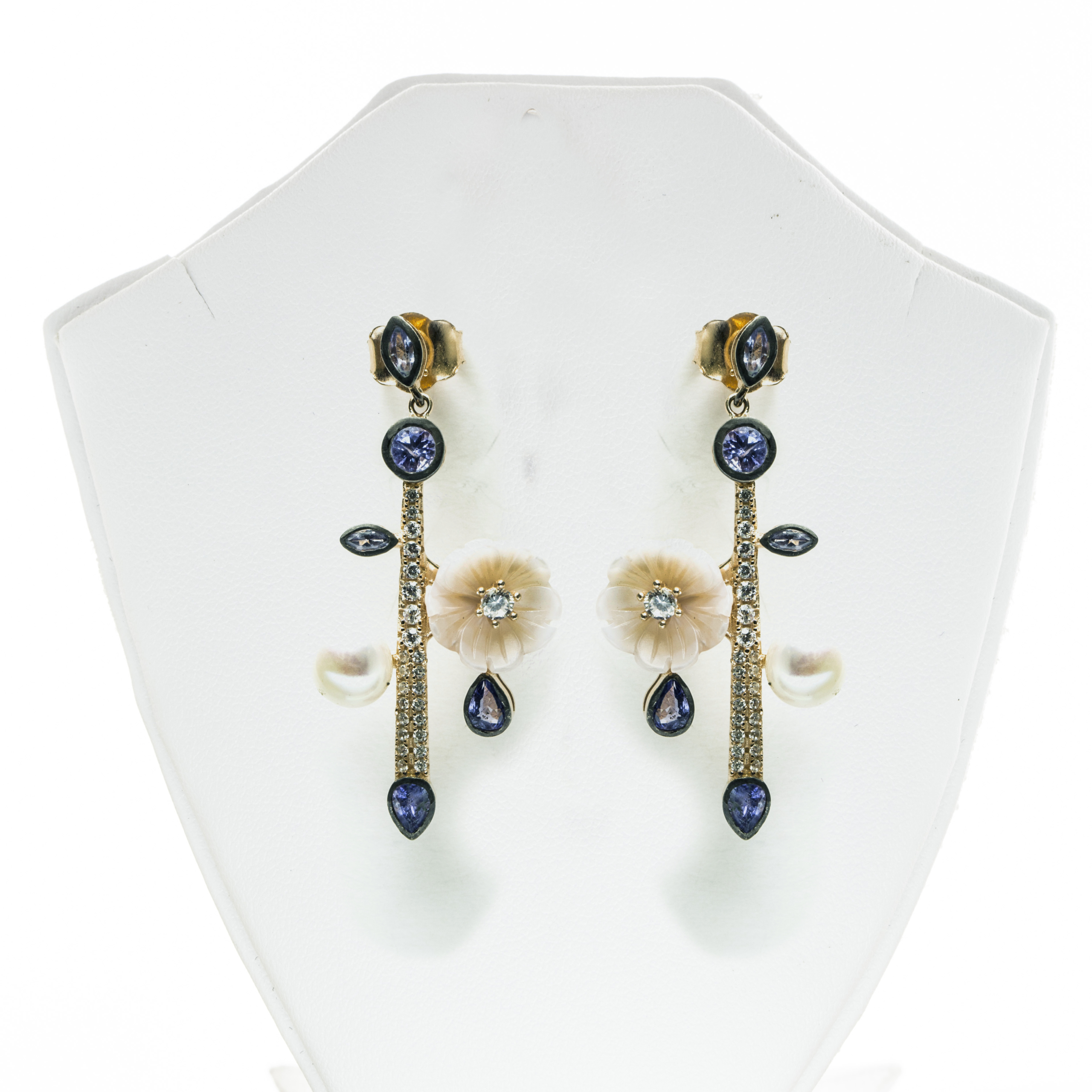 Stem Floral Natural Gemstone studded Mother of Pearl & Pearl Fine Rosegold Earring