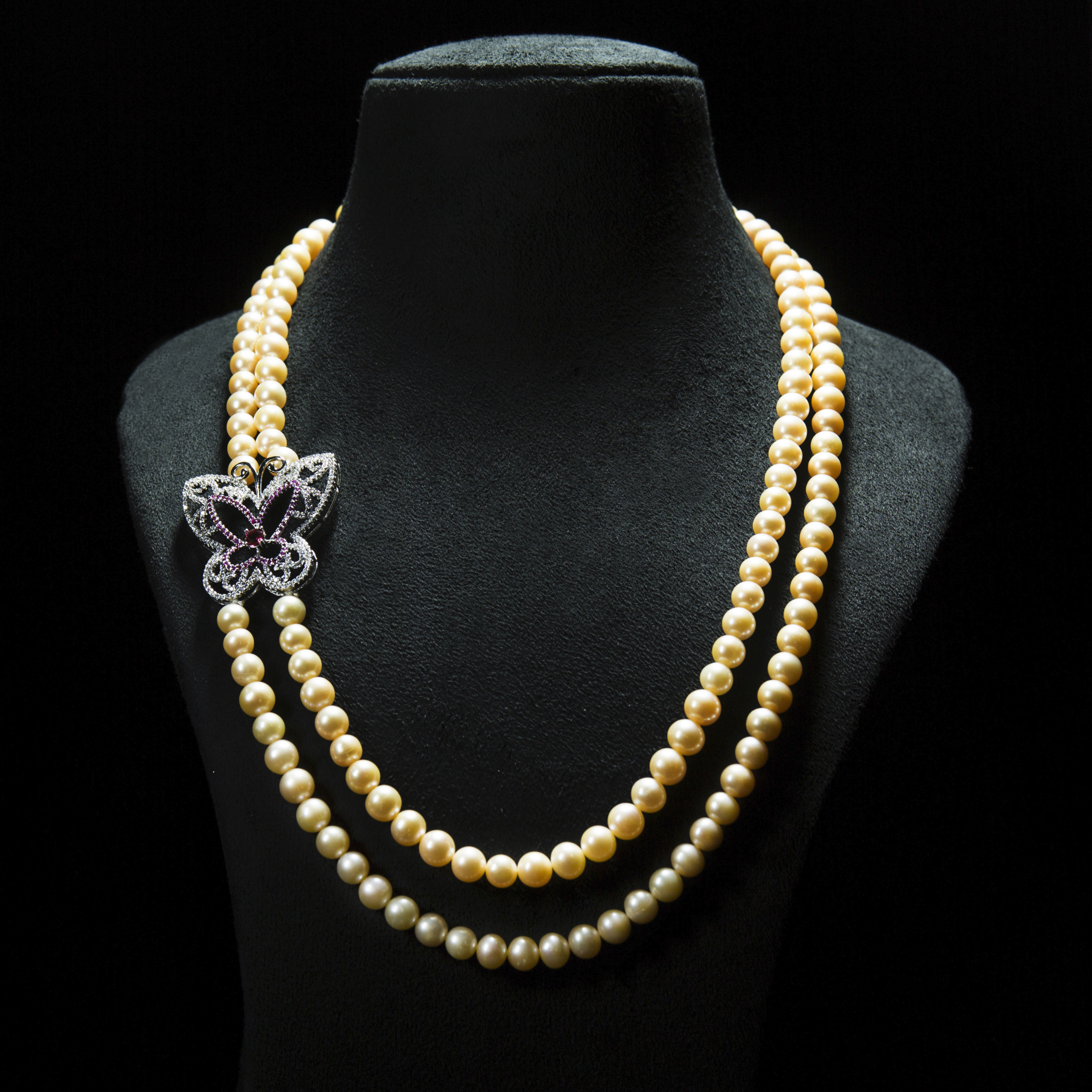 Rare diamond cut butterfly pink stone peach pearl necklace- with silver floral lock